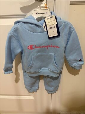 Champion Light Blue Toddler Hoodie and Sweatpant Set with Pink Logo BN WT 12M